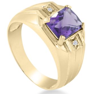 2 1/4ct Amethyst and Diamond Men's Ring Crafted In Solid 14K Yellow Gold