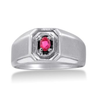 1/4ct Oval Created Ruby Men's Ring Crafted In Solid 14K White Gold
