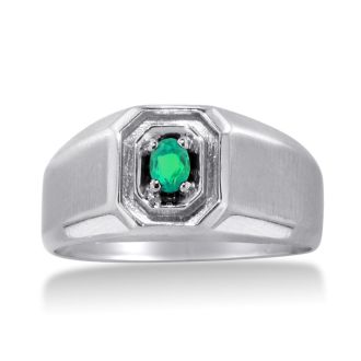 1/4ct Oval Created Emerald Men's Ring Crafted In Solid 14K White Gold
