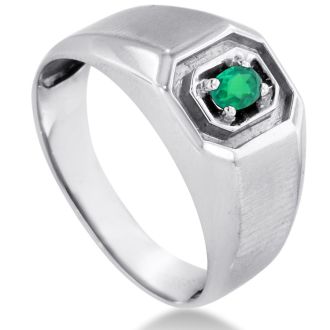 1/4ct Oval Created Emerald Men's Ring Crafted In Solid 14K White Gold
