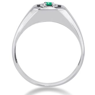 1/4ct Oval Created Emerald Men's Ring Crafted In Solid 14K White Gold

