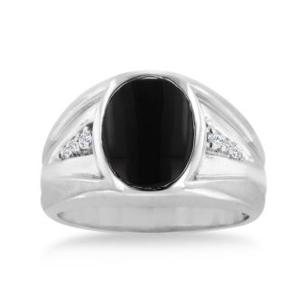 Oval Black Onyx and Diamond Men's Ring Crafted In Solid White Gold
