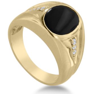 Oval Black Onyx and Diamond Men's Ring Crafted In Solid Yellow Gold
