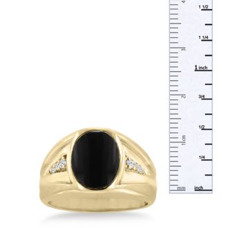 Oval Black Onyx and Diamond Men's Ring Crafted In Solid Yellow Gold
