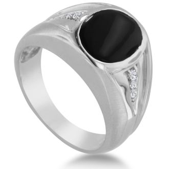 Oval Black Onyx and Diamond Men's Ring Crafted In Solid 14K White Gold
