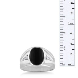 Oval Black Onyx and Diamond Men's Ring Crafted In Solid 14K White Gold
