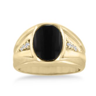 Oval Black Onyx and Diamond Men's Ring Crafted In Solid 14K Yellow Gold
