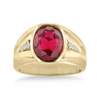 4 1/2ct Oval Created Ruby and Diamond Men's Ring Crafted In Solid Yellow Gold
