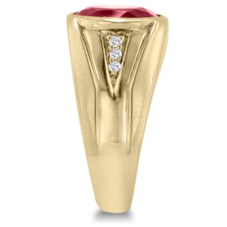 4 1/2ct Oval Created Ruby and Diamond Men's Ring Crafted In Solid Yellow Gold
