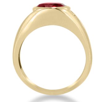 4 1/2ct Oval Created Ruby and Diamond Men's Ring Crafted In Solid Yellow Gold
