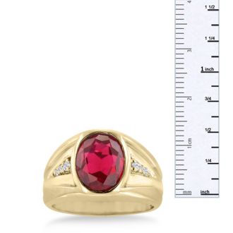 4 1/2ct Oval Created Ruby and Diamond Men's Ring Crafted In Solid Yellow Gold
