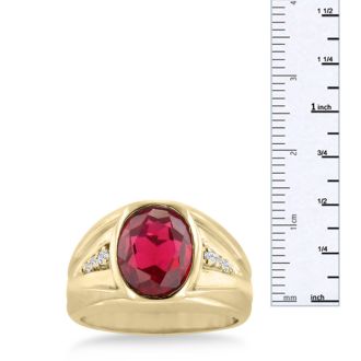 4 1/2ct Oval Created Ruby and Diamond Men's Ring Crafted In Solid Yellow Gold
