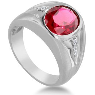 4 1/2ct Oval Created Ruby and Diamond Men's Ring Crafted In Solid 14K White Gold
