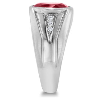 4 1/2ct Oval Created Ruby and Diamond Men's Ring Crafted In Solid 14K White Gold
