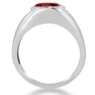4 1/2ct Oval Created Ruby and Diamond Men's Ring Crafted In Solid 14K White Gold
