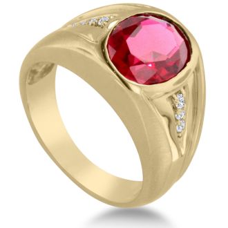 4 1/2ct Oval Created Ruby and Diamond Men's Ring Crafted In Solid 14K Yellow Gold
