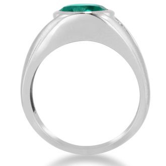 4 1/2ct Oval Created Emerald and Diamond Men's Ring Crafted In Solid 14K White Gold

