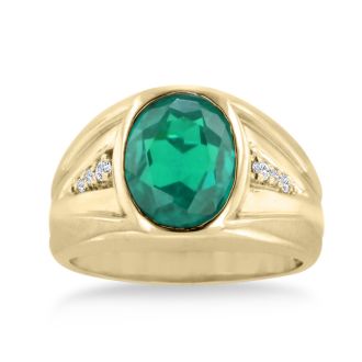 4 1/2ct Oval Created Emerald and Diamond Men's Ring Crafted In Solid 14K Yellow Gold
