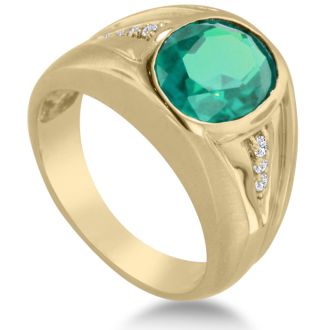 4 1/2ct Oval Created Emerald and Diamond Men's Ring Crafted In Solid 14K Yellow Gold
