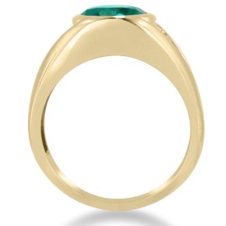 4 1/2ct Oval Created Emerald and Diamond Men's Ring Crafted In Solid 14K Yellow Gold
