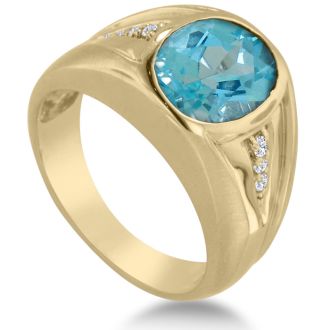 4 1/2ct Oval Blue Topaz and Diamond Men's Ring Crafted In Solid Yellow Gold
