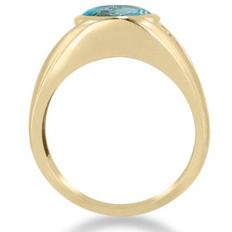 4 1/2ct Oval Blue Topaz and Diamond Men's Ring Crafted In Solid Yellow Gold
