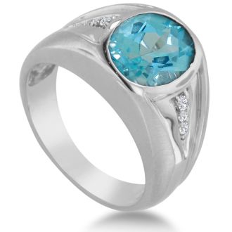 4 1/2ct Oval Blue Topaz and Diamond Men's Ring Crafted In Solid 14K White Gold
