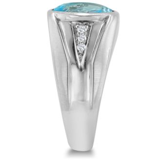 4 1/2ct Oval Blue Topaz and Diamond Men's Ring Crafted In Solid 14K White Gold
