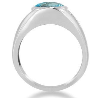 4 1/2ct Oval Blue Topaz and Diamond Men's Ring Crafted In Solid 14K White Gold
