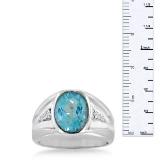 4 1/2ct Oval Blue Topaz and Diamond Men's Ring Crafted In Solid 14K White Gold
