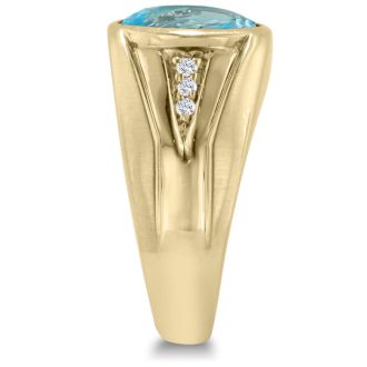 4 1/2ct Oval Blue Topaz and Diamond Men's Ring Crafted In Solid 14K Yellow Gold
