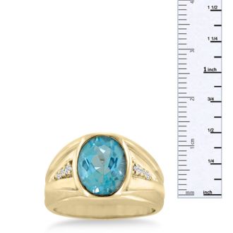 4 1/2ct Oval Blue Topaz and Diamond Men's Ring Crafted In Solid 14K Yellow Gold
