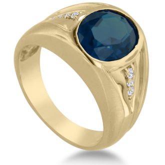 4 1/2ct Oval Created Sapphire and Diamond Men's Ring Crafted In Solid 14K Yellow Gold
