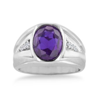 4 1/2ct Oval Amethyst and Diamond Men's Ring Crafted In Solid 14K White Gold
