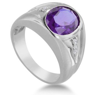 4 1/2ct Oval Amethyst and Diamond Men's Ring Crafted In Solid 14K White Gold
