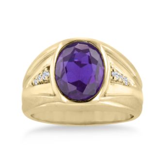 4 1/2ct Oval Amethyst and Diamond Men's Ring Crafted In Solid 14K Yellow Gold
