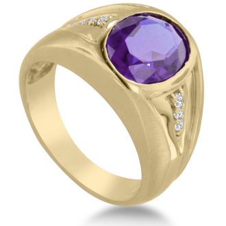 4 1/2ct Oval Amethyst and Diamond Men's Ring Crafted In Solid 14K Yellow Gold
