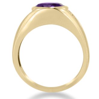 4 1/2ct Oval Amethyst and Diamond Men's Ring Crafted In Solid 14K Yellow Gold
