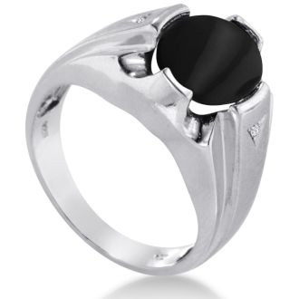 Oval Black Onyx and Diamond Men's Ring Crafted In Solid 14K White Gold
