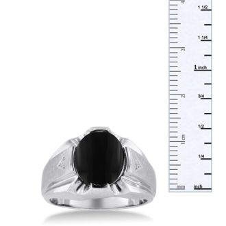 Oval Black Onyx and Diamond Men's Ring Crafted In Solid 14K White Gold
