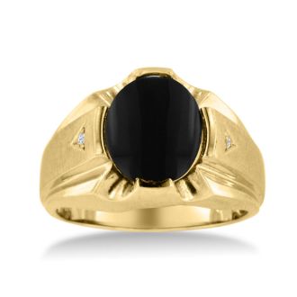 Oval Black Onyx and Diamond Men's Ring Crafted In Solid 14K Yellow Gold
