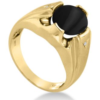 Oval Black Onyx and Diamond Men's Ring Crafted In Solid 14K Yellow Gold
