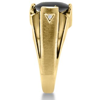 Oval Black Onyx and Diamond Men's Ring Crafted In Solid 14K Yellow Gold
