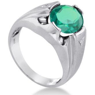 4 1/2ct Oval Created Emerald and Diamond Men's Ring Crafted In Solid 14K White Gold
