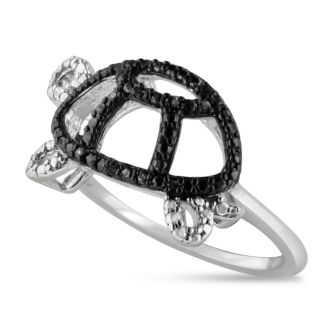Black Diamond Turtle Ring Crafted In Solid Sterling Silver