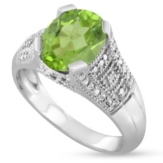 3ct Oval Peridot And Diamond Ring, Antique Style, Crafted In Solid Sterling Silver