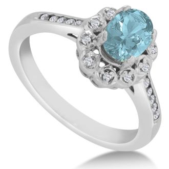 Aquamarine Ring: Aquamarine Jewelry: 1 1/4ct Oval Aquamarine and Diamond Ring Crafted In Solid 14K White Gold