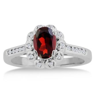 Garnet Ring: Garnet Jewelry: 1 1/4ct Oval Garnet and Diamond Ring Crafted In Solid 14K White Gold