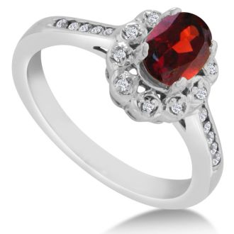 Garnet Ring: Garnet Jewelry: 1 1/4ct Oval Garnet and Diamond Ring Crafted In Solid 14K White Gold