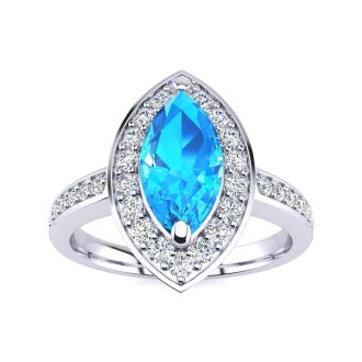 1 Carat Marquise Blue Topaz and Diamond Ring In 14 Karat White Gold
